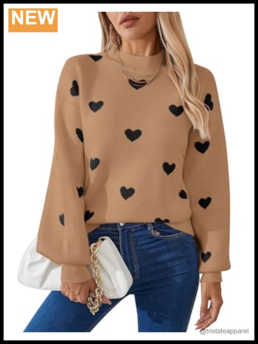 Women's Mock Neck Heart Knit Pullover Sweater Loose Fit